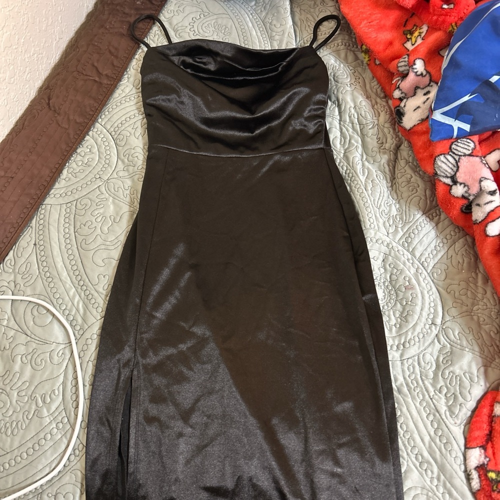 Black Slip Dress with Spaghetti Straps and Cowl Neck